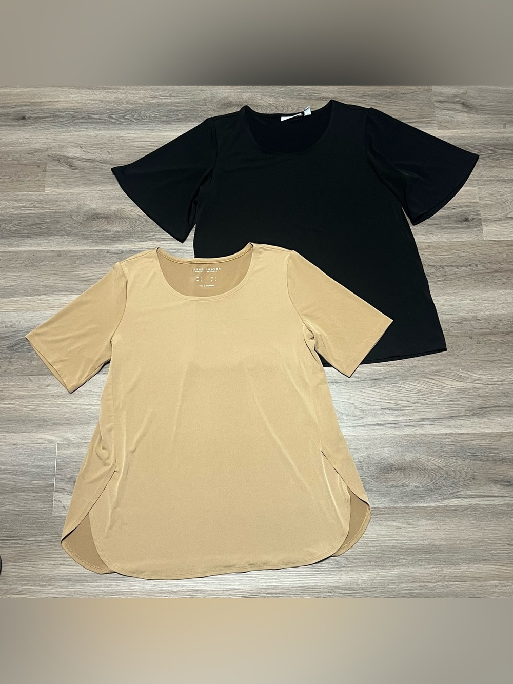 2 Susan Graver Modern Essentials Women's Medium Liquid Knit Top Tan Black Bundle